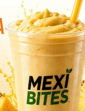 Piña Colada smoothie in a MexiBites cup, from the MexiBites menu flyer