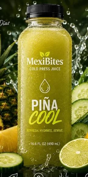 A bottle of Piña Cool cold press juice with pineapple and cucumber, from the MexiBites flyer