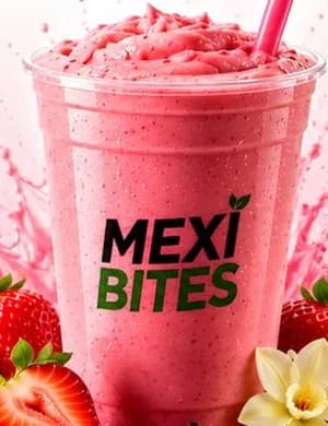 Creamy Strawberry Vanilla smoothie in a MexiBites cup, from the MexiBites menu flyer