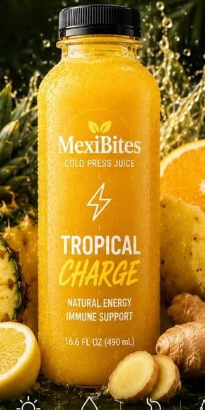 A bottle of Tropical Charge cold press juice with pineapple and orange, from the MexiBites flyer