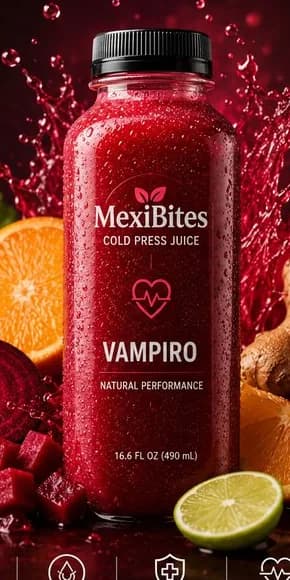 A bottle of Vampiro cold press juice with beets, orange and ginger, from the MexiBites flyer
